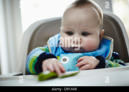 Ein Baby ca. 5 und einen halben Monat isst ein grünes Gemüse im Rahmen des Baby geführt Entwöhnung Stockfoto