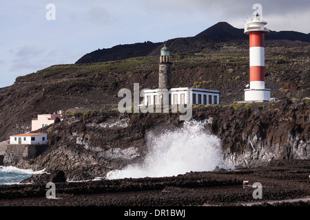 Blick über die Salinen von Fuencaliente bis zum Leuchtturm, La Palma, Kanarische Inseln, Spanien Stockfoto