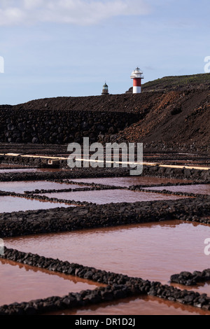 Blick über die Salinen von Fuencaliente bis zum Leuchtturm, La Palma, Kanarische Inseln, Spanien Stockfoto