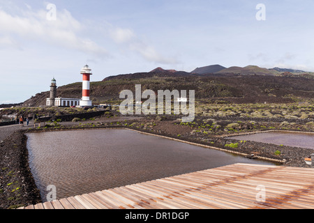 Blick über die Salinen von Fuencaliente bis zum Leuchtturm, La Palma, Kanarische Inseln, Spanien Stockfoto