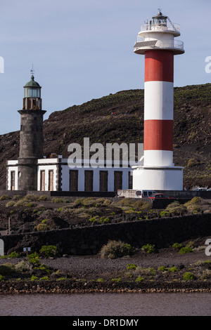 Blick über die Salinen von Fuencaliente bis zum Leuchtturm, La Palma, Kanarische Inseln, Spanien Stockfoto