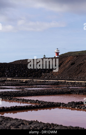 Blick über die Salinen von Fuencaliente bis zum Leuchtturm, La Palma, Kanarische Inseln, Spanien Stockfoto