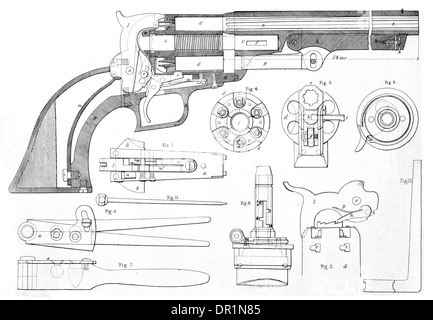 Colt Patent wiederholen Pistole im Querschnitt zeigt alle Teile. ca. 1889 Stockfoto