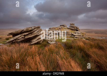Gewitterwolken über Leedon Tor Dartmoor National Park Devon Uk Stockfoto