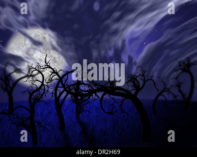 Abbildung des Waldes Nacht mit Vollmond und blattlosen Bäume Stockfoto