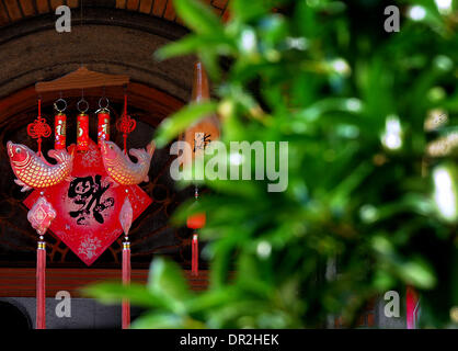 Zhengzhou. 18. Januar 2014. Foto aufgenommen am 4. Juni 2011 zeigt eine Dekoration für das chinesische Schriftzeichen "Fu" hing in das Haus einer Familie in Ost-China Shanghai. Das chinesische Schriftzeichen "Fu", was "Glück" bedeutet, ist überall in China während des Frühlingsfestes üblich. Es ist beliebt für seine günstigen Bedeutung, auch als "Glück", das die Chinesen glauben wird Ihnen Segen im kommenden neuen Jahr interpretiert werden können. © Wang Song/Xinhua/Alamy Live-Nachrichten Stockfoto