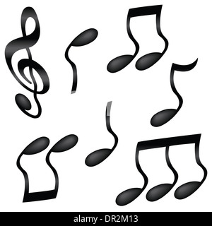 Eine Auswahl von welligen schwarzen Noten isoliert auf weiss. Stockfoto