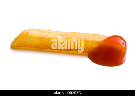 Einteiler der Pommes Frites mit Ketchup auf weißem Hintergrund Stockfoto
