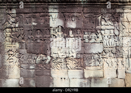 Bas-Reliefs auf den Bayon-Tempel, Kambodscha Stockfoto