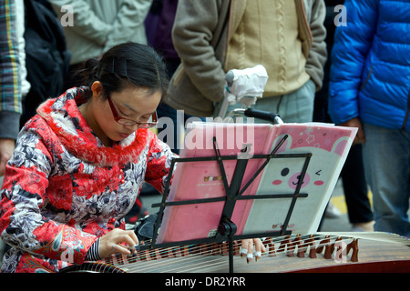 Junge chinesische Frau spielt eine chinesische Zither guzheng () mit einer Masse in Mong Kok, Hong Kong. Stockfoto