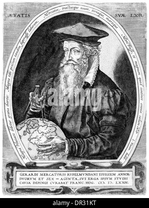 Deutschen Kartographen Gerardus Mercator (1512-1594), Philosoph und Mathematiker, seine Welt 1569 zeigte eine neue Kartenprojektion. Stockfoto