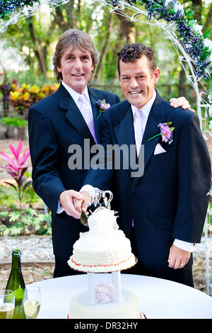 Schöne Schwule paar schneiden den Kuchen bei ihrer Hochzeitsfeier. Stockfoto