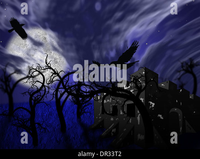 Abbildung des Waldes Nacht mit Vollmond und blattlosen Bäume Stockfoto