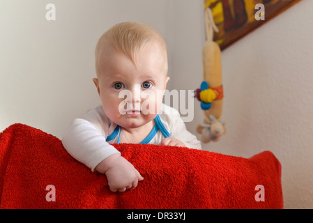 Porträt eines sechs Monate alten Baby boy in die Kamera schaut neugierig Stockfoto