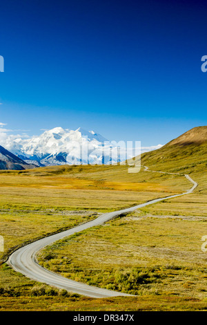 Osten Face Denali (ehemals Mt. McKinley) von steinigen Pass mit Park Road Kreuzung fallen Tundra von Thorofare Pass Denali National Park AK gesehen. Stockfoto