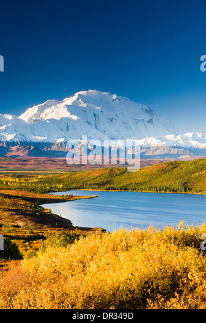 Die Nordwand des Denali (ehemals Mt. McKinley) gesehen von einer Kante über Wunder See. Denali National Park, Alaska. Stockfoto