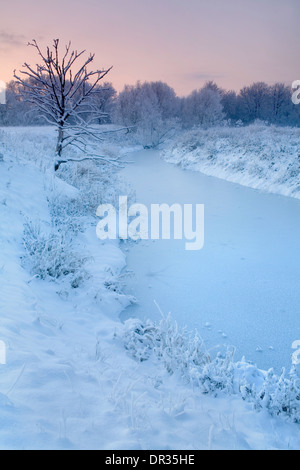 Teil des Flusses Avon bei Bilovec ist mit Eis zugefroren, während die Banken und die Bäume mit Schnee bedeckt sind. Stockfoto