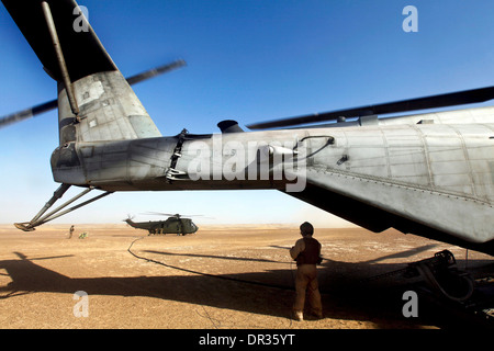 Crewchief mit Marine schwere Hubschrauber-Geschwader-462 beobachtet, wie seine Marines eine britische Sea King MK4, Afghanistan tanken Stockfoto