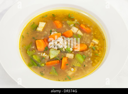 Gemüse Suppe w Möhren, Lauch und Sellerie Stängel Stockfoto