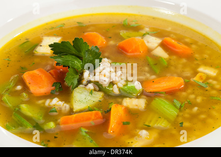 Gemüse Suppe w Möhren, Lauch und Sellerie Stängel Stockfoto