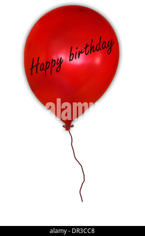 Leuchtend roten Ballon Happy Birthday Nachricht mit nachgestellten Zeichenfolge vor einem weißen Hintergrund schweben Stockfoto