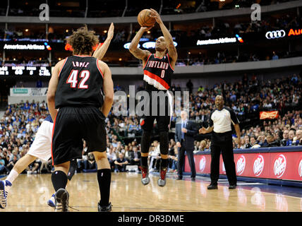 18. Januar 2014: Portland Trail Blazers Point Guard Damian Lillard #0 bei einem NBA-Spiel zwischen den Portland Trail Blazers und die Dallas Mavericks das American Airlines Center in Dallas, TX Portland besiegte Dallas 127-111 Stockfoto