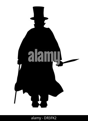 Jack the Ripper in der Silhouette vor einem weißen Hintergrund. Stockfoto