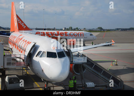 EasyJet Airbus-Flugzeuge am Flughafen Amsterdam-Schiphol, Niederlande Stockfoto