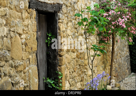 Alte hölzerne Tür in der Wand, Broadway, Cotswolds, Worcestershire, England, Vereinigtes Königreich, UK, Europa Stockfoto