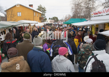 Straße mit Markt stand Jokkmokk fair Laponia Schweden Winter Stockfoto