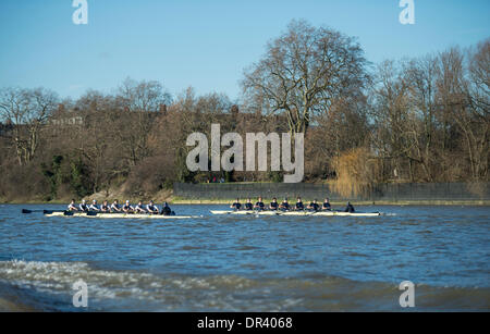 London, UK. 19. Januar 2014.  Boat Race Test VIIIs. Oxford University Boat Club.  Die Studie, die im Dezember Kader krankheitsbedingt verschoben werden musste, fand am 14:00 am Sonntag und diente als ein wichtiges lernen, dass Erfahrung und Auswahl für die sechzehn Ruderer und zwei Steuermänner Auserwählten testen. Es ist das einzige Mal während der Saison, dass die Gruppenmitglieder Side-by-Side für die gesamten vier und ein Viertel Meilen des Championship-Golfplatzes in einer Simulation von BNY Mellon Boat Race Rennen. Bildnachweis: Duncan Grove/Alamy Live-Nachrichten Stockfoto