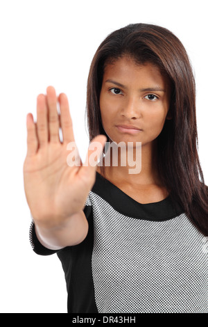 Schöne afrikanische amerikanische Frau machen Stop Geste mit der Hand auf einem weißen Hintergrund isoliert Stockfoto