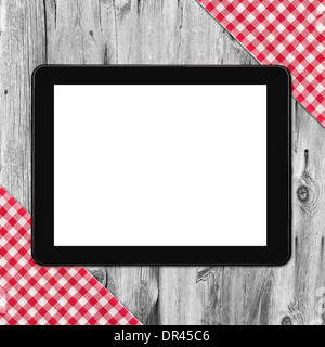 Tablette, Tischdecke Textile Textur auf Holztisch Hintergrund Stockfoto