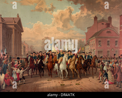 "Tag der Evakuierung" und Washingtons triumphalen Einzug in New York City, 25. November 1783 Stockfoto