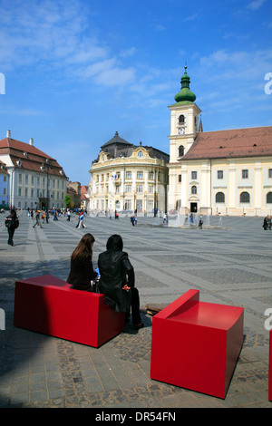Piata Mare, großen Marktplatz, Rathaus und Kirche, Sibiu (Hermannstadt), Siebenbürgen, Rumänien, Europa Stockfoto