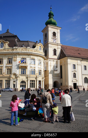 Piata Mare, großen Marktplatz, Sibiu (Hermannstadt), Siebenbürgen, Rumänien, Europa Stockfoto