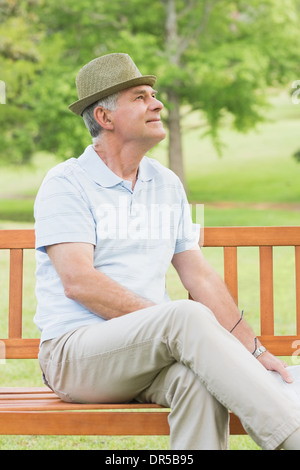 Senior Mann sitzt auf der Bank im park Stockfoto