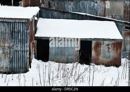 Schnee, der eine alte und rostende Wellblechscheune auf einem Bauernhof im Winter in Großbritannien bedeckt Stockfoto