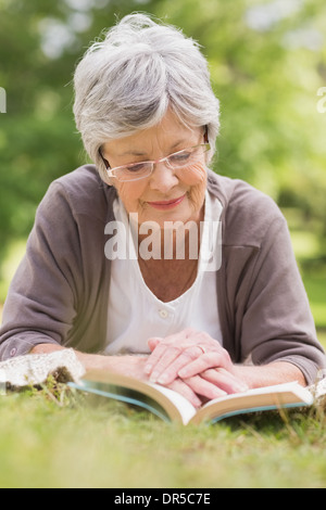 Ältere Frau liest ein Buch im park Stockfoto