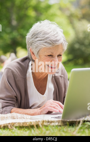 Lächelnde ältere Frau mit Laptop im park Stockfoto