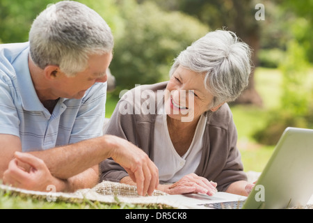 Lächelnde älteres Paar mit Laptop im park Stockfoto