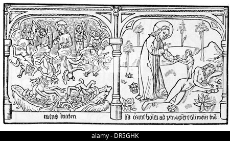 Ersten Schnitt im Speculum Humanae Salvationis oder Spiegel des menschlichen Heils.  Eine Blockbook Ausgabe Ende des 15. Jahrhunderts Stockfoto