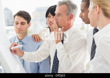 Kolleginnen und Kollegen gerade denken Geschäftsmann auf Whiteboard schreiben Stockfoto