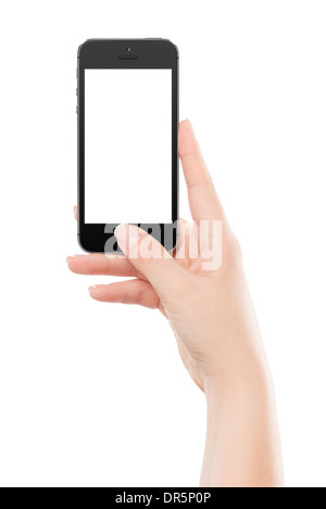 Weibliche Hand mit schwarzen moderne Smartphone mit leeren Bildschirm und drücken der Taste mit dem Daumen. Isoliert auf weißem Hintergrund. Stockfoto