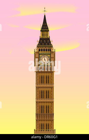 Der Londoner Wahrzeichen Big Ben Clock Tower im Morgengrauen gegen einen rosa und gelben Himmel. Stockfoto