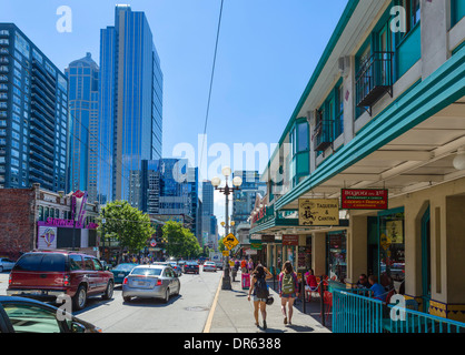 Zeigen Sie auf der 1. Avenue in der Innenstadt von Seattle, Washington, USA an Stockfoto