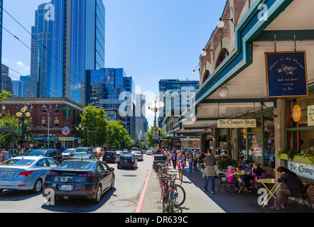 Zeigen Sie auf der 1. Avenue in der Innenstadt von Seattle, Washington, USA an Stockfoto