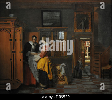 Pieter de Hooch (1629-c.1683). Niederländischer Maler. Innenraum mit Frauen neben einem Leinen Schrank, 1663. Stockfoto