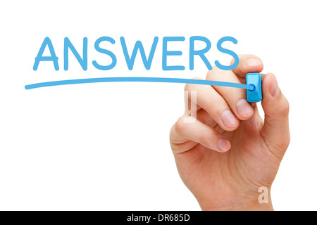 Handschrift Antworten mit blaue Markierung auf transparente wischen. Stockfoto