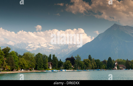 Blick auf die Jungfrau, Mönch und Eiger Gebirge über dem Thunersee in der Schweiz Stockfoto